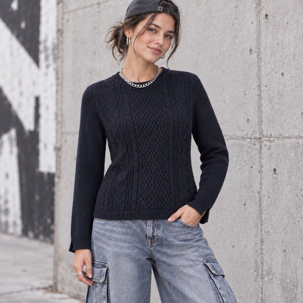 Ambiance Black Cable Knit Sweater Crew Neck Long Sleeve Split Cuff Pullover S